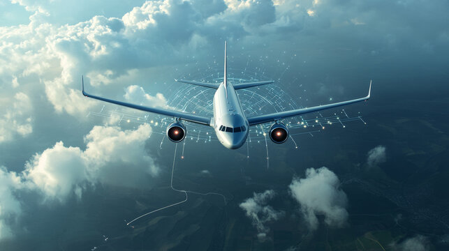 Show the airplane using advanced navigation systems, such as real-time weather monitoring, adaptive flight paths, and collision avoidance technology, ensuring a safe and efficient journey.