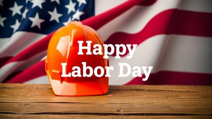 Labor Day Celebration - Orange Hard Hat on Wood, A symbolic image celebrating Labor Day featuring an orange hard hat resting on a wooden surface. "Happy Labor Day" text in white adds a festive touch.