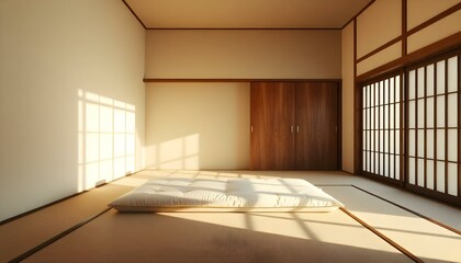 Japanese Shoji Screen and Tatami Comfortable Bedroom with Futon Pillow and Cushion Bed