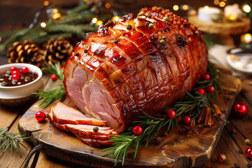 Christmas ham. Meat for new year celebration. Glazed meat.