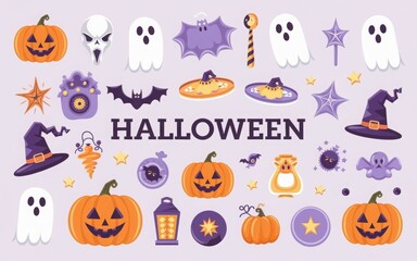Happy Halloween set of elements, ghost, pumpkin, bat and cat. Vector is cute illustration in hand drawn style
