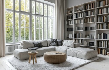 Scandinavian-style living room with white wooden flooring, large windows on the left side that extend