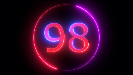 Glowing neon number 98 , neon light colorful number of  illustration on black background.