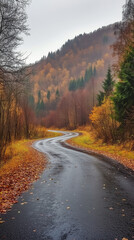 Fototapeta premium Foggy forest with vibrant autumn foliage surrounds a winding wet asphalt road