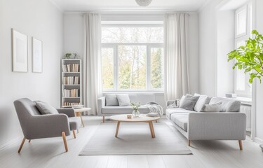 Scandinavian-style living room with white wooden flooring, large windows on the left side that extend