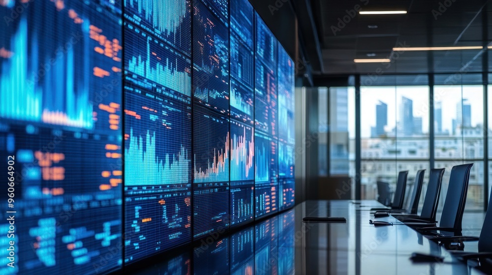 Aufkleber financial data display in a modern office with cityscape view