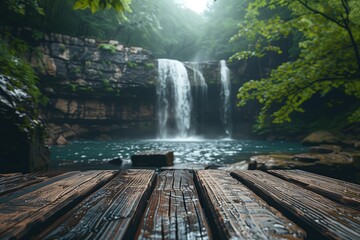Naklejka premium Tropical Waterfall View from a Dark Wood Deck