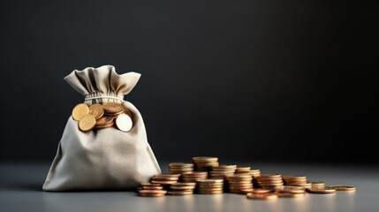 Stacking gold coin in treasure sack on black background. Neural network ai generated art