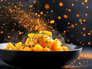 Mango sphere with spicy coconut soup, a burst of tropical flavor, comes from India