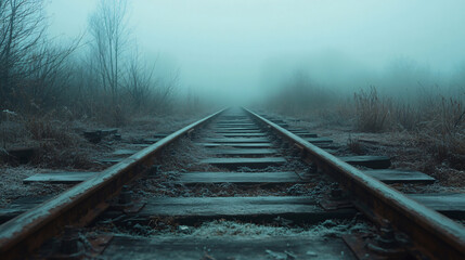 A cold foggy morning reveals an abandoned railway track covered in frost, stretching into the mist and evoking a sense of mystery and desolation.
