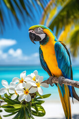 A large beautiful yellow, red and blue ara macao parrot sits on a tree branch with frangipani flowers on a background of palm trees, sandy beach and blue ocean