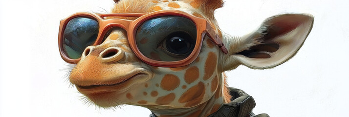 A cute giraffe with big brown eyes, wearing stylish sunglasses, looks straight ahead with a cool expression.