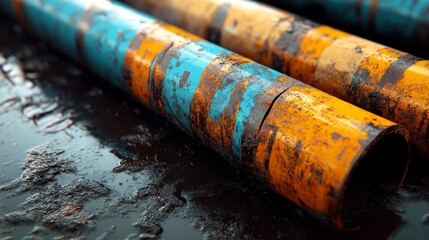 Aged and rusted industrial iron or metal pipelines discharging pollution or waste through the soil are large and dirty