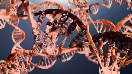 Genetic Dna disorder and Damage, Mutation or Radiation effect, Malignant Cancer molecular structure, Human genome code degradation molecule, biochemical research, Dna strand, Carcinogen, 3d render