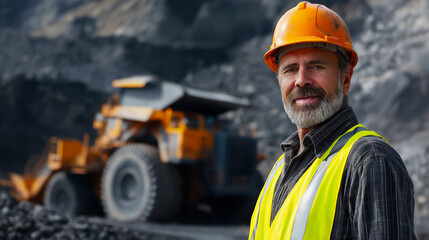 Older Caucasian mining worker with hard hat and safety vest, heavy equipment in background, copy space