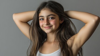 Naklejka premium This is a gorgeous young Caucasian girl with black hair flexing her muscles and smiling at the camera with white teeth. A youthful strong female teen with strength and health.