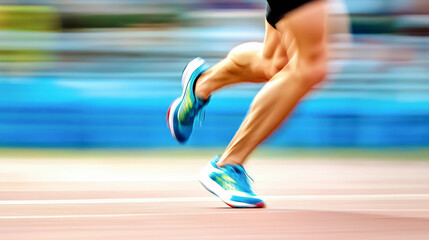 Naklejka premium A blurred motion photograph captures a runner's legs and feet in action on a track, focusing on their blue running shoes.