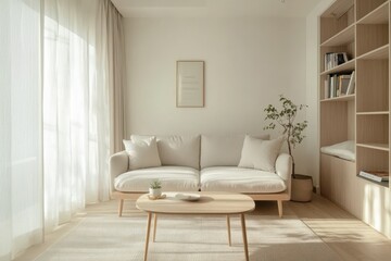 simple, light-filled living room with soft pastel accents and an airy feel