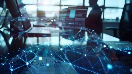 Modern office and communication network concept. Statistics of business. Management strategy