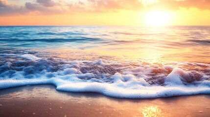 As the sun dips below the horizon, vibrant colors reflect on the water, creating a serene moment where ocean waves softly caress the beach