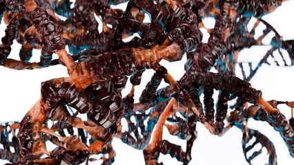 Genetic Dna disorder and Damage, Mutation or Radiation effect, Malignant Cancer molecular structure, Human genome code degradation molecule, biochemical research, Dna strand, Carcinogen, 3d render