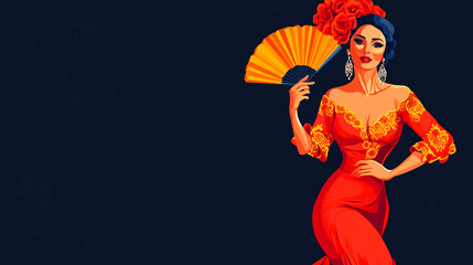 Fototapeta premium Spanish woman in a red flamenco dress, captured in a dynamic watercolor illustration, showcasing cultural dance on a blue background. Copy space.