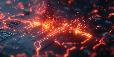 Fototapeta premium Red glowing circuit board with particles.