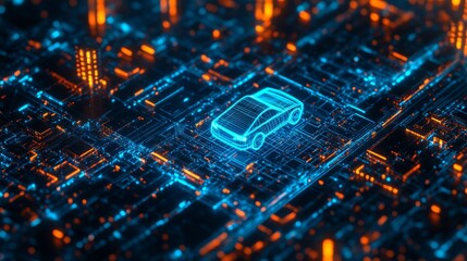 Vehicle direction is displayed in the traffic, urban network destination service for smart blue cars traveling on city streets. The car travels remotely using a GPS pin navigation system.