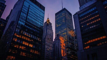 Cityscape of Skyscrapers at Dusk with Illuminated Windows