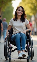 Obraz premium A smiling woman in a wheelchair enjoys a sunny day outdoors, showcasing determination and positivity. Perfect for themes of inclusivity and empowerment.