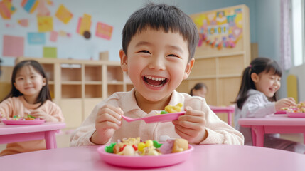 Children enjoying a meal together at a classroom table, with one boy happily smiling at the camera while holding a forkful of food.