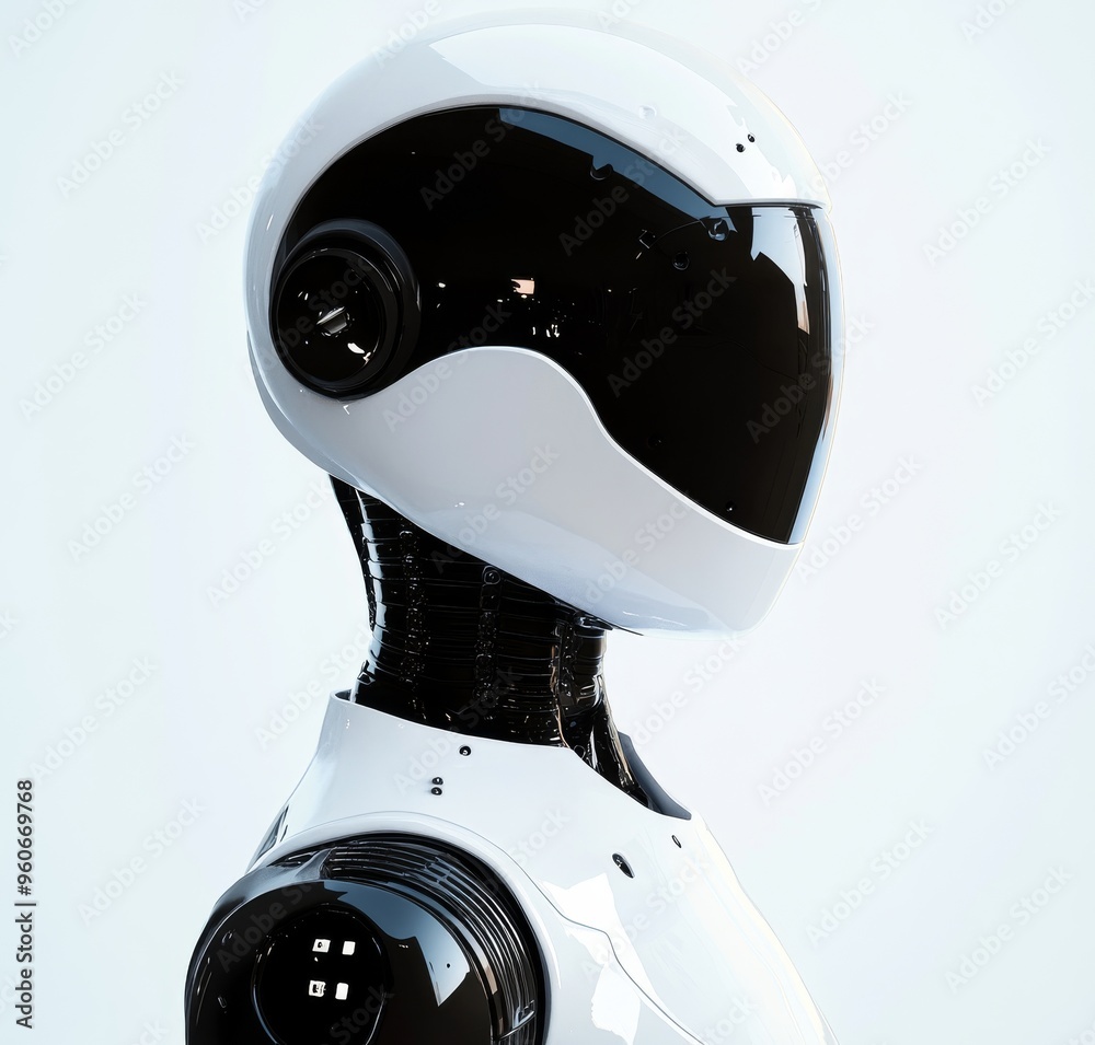 Poster this is a side view 3d render of a white and black robot isolated on transparent background. referen