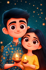 Traditional Indian girl and boy in traditional clothing holding a lit oil lamp during Diwali on a dark background.