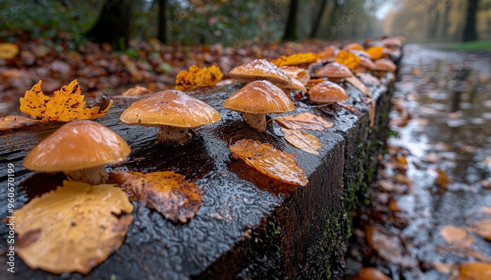 Canvas Prints Mushrooms and Autumn Leaves on a Wet Tree Trunk