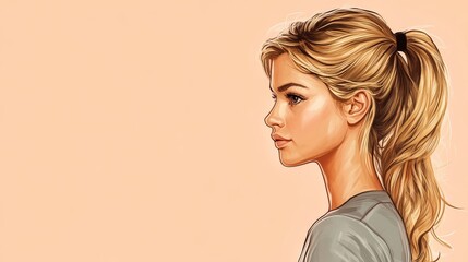 This portrait illustration depicts a beautiful young woman with blonde hair, holding a pony tail. A female face with beauty, fashion, pretty, and shape.