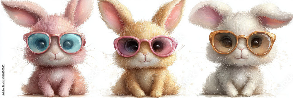 Sticker Three adorable bunnies wearing colorful sunglasses, ready for a fun day out.