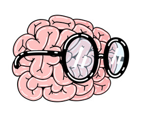 nerd brain cartoon  in round glasses. Vector illustration isolated on white background