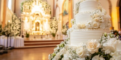 Obraz premium Wedding cake decorated with white roses.