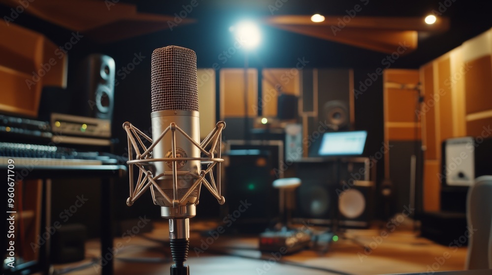 Aufkleber an elegant studio setup featuring a high-quality condenser microphone on a desk, with soundproofing 