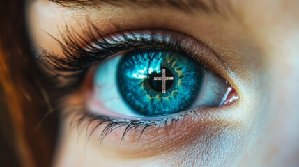 The cross of Christ is reflected in the eye of a male person. He is thinking about the love of Jesus Christ and the sacrifice He made, a holy Bible believer, blessed with grace and forgiveness from