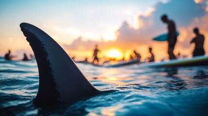 Fototapeta premium Sea or ocean water surface with dangerous shark animal predator fins emerging from it, people playing in the water as if on vacation, ready for an attack, aggressive.