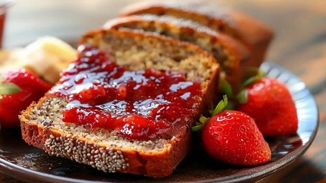 Indulge in mouthwatering banana bread slices with homemade strawberry jam on a wooden table. Sweet, nutritious, and gourmet, perfect for breakfast or a snack