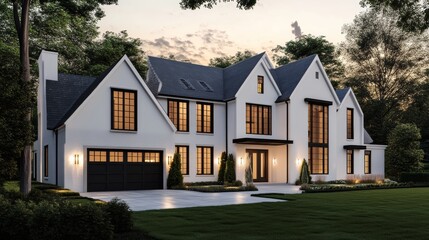 Driveway in front of the big white luxury dream house during the evening. Residential home exterior, expensive dwelling, and rich family yard.