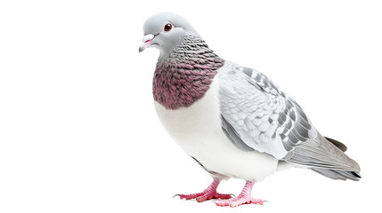 Fototapeta premium A close-up of a pigeon with grey and white feathers, standing against a plain white background.