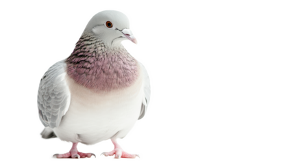 A close-up photograph of a pigeon against a minimalist white background, highlighting its detailed feathers and gentle expression.
