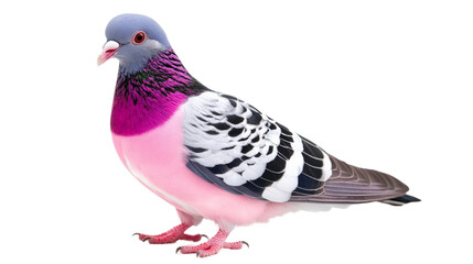 Obraz premium Brightly colored pigeon standing against a white background, showcasing vibrant plumage with shades of pink, purple, and black.