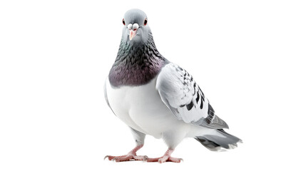 A close-up of a grey pigeon with striking black and white feathers, standing against a clean white background. © Nano Photos