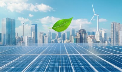 solar panel and wind turbines in front of a city skyline with green leaves flying around