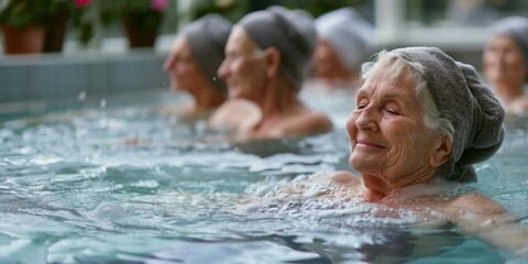 Fototapeta premium golden age. elderly women, women of retirement age relaxing in the spa. swim in the pool