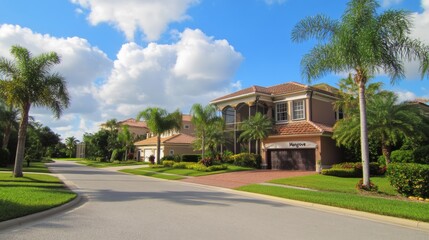 A luxury neighborhood house home building architecture surrounded by palm trees in Miami florida. Blue sky, a mansion, a tropical property, high luxury and amenity property for the rich and famous.
